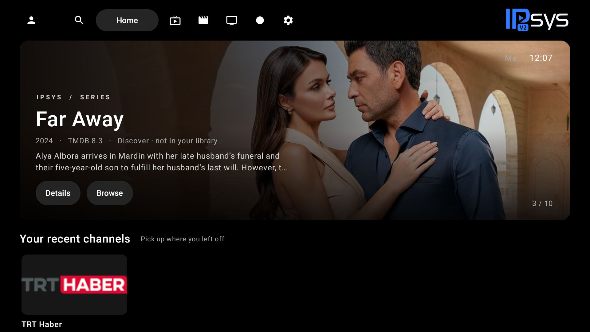 The IPSYS Android TV home screen, with a rounded recommendation and top navigation